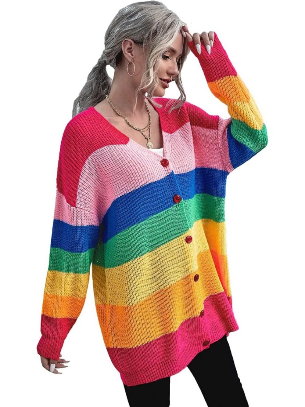 Colorful Rainbow Striped Button Front Long Sleeve Cardigan Sweater for Women